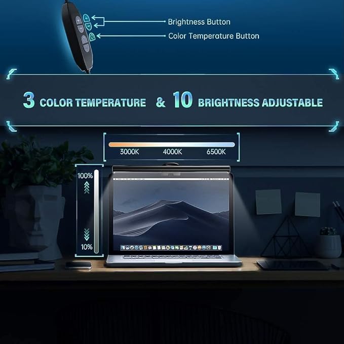 CATPOWER Portable Laptop Monitor Light Bar with USB Connection, e-Reading LED Task Lamp, 3 Color Temperature Settings, 10 Levels of Brightness Adjustment, No Glare on the Screen, Saves Space