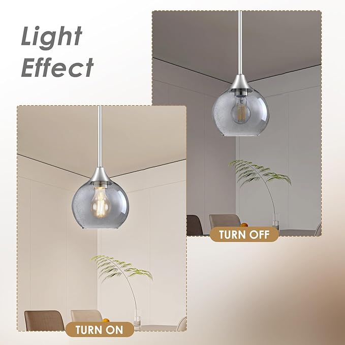 Pendant Lights Kitchen Island 2 Pack, Grey Seeded Glass Pendant Light Fixtures & Adjustable Rods, Brushed Nickel Kitchen Island Lighting, Modern Island Lights for Kitchen Dining Room E26 Base