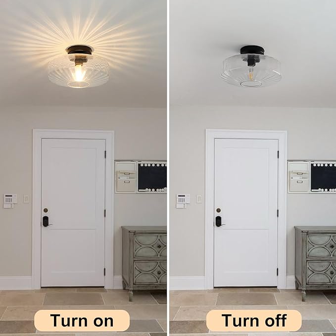 Semi Flush Mount Ceiling Light, 11.8" Vintage Clear Glass Ceiling Lights, 1-Light Mid Century Modern Drum Close to Ceiling Light Fixtures for Bedroom Kitchen Entryway Hallway Porch Foyer