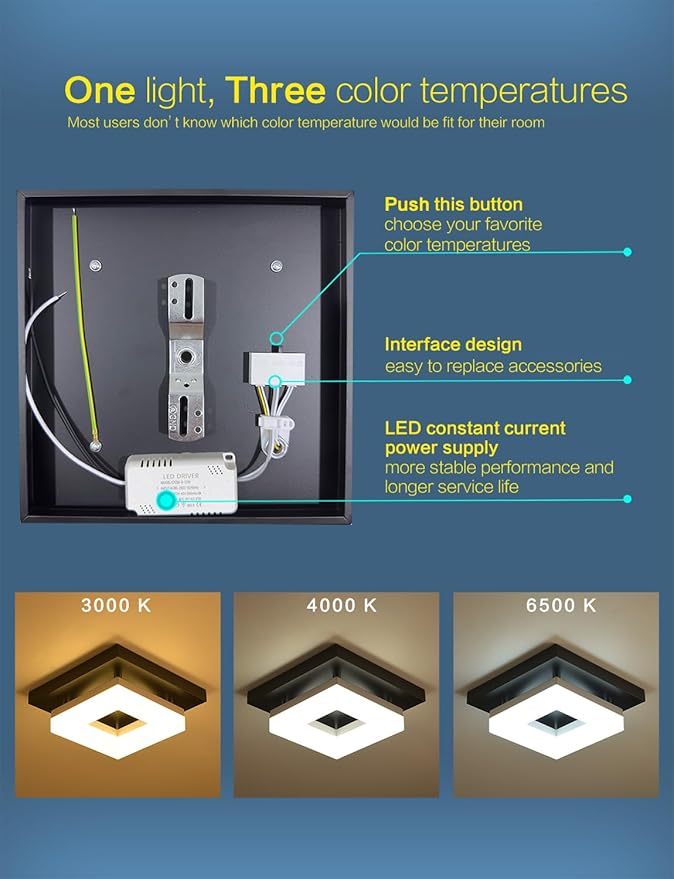8in 12Watt Flush Mount led Ceiling Light fixtures.Modern Ceiling Lamps for Hallways,Balcony,Cloakroom, Small Closet,Washrooms,stairwell,Square,Black