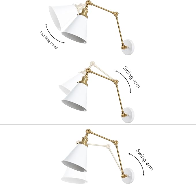 JONATHAN Y 7" White/Brass Gold Classic Industrial Metal Adjustable Arm LED Wall Sconce for Bedside Reading, Farmhouse Swing Arm Wall Lamp with Metal Shade, Hardwired (JYL7462B-SET2)