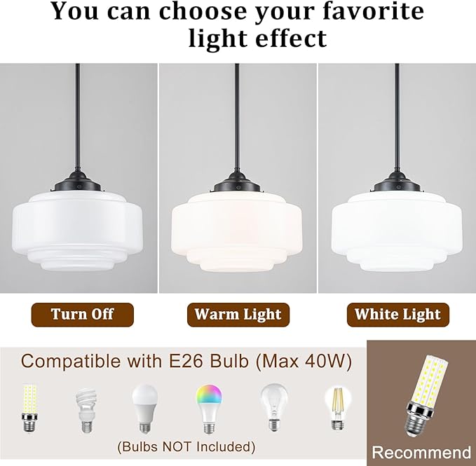 Schoolhouse Pendant Light, 14" Mid Century Pendant Lighting Fixture Vintage Milk Glass Chandelier with Black Metal for Dining Room Kitchen Island Bedroom Hallway, Adjustable Height (E26)