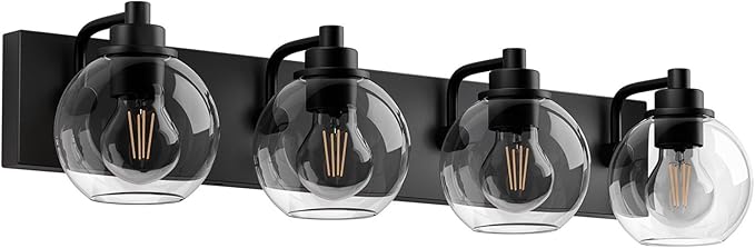 Espird Bathroom Light Fixtures-Matte Black Vanity Lights for Bathroom, Modern Black Vanity Lights 4-Light Bathrooms Lighting Fixtures Over Mirror with Clear Glass Shade