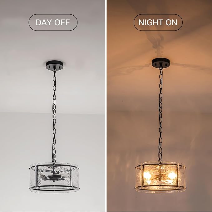 11.8" Black Hanging Pendant Light Fixtures,3 Light Small Drum Glass Dining Room Light Fixtures Over Table with Chain,Chandelier for Foyer,Kitchen Island,Dining Room,Bedroom,Breakfast Nook