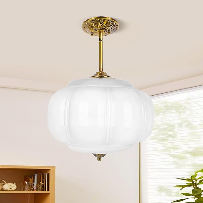 15in White Milk Glass Ceiling Light, LED Bulb Included, Vintage Schoolhouse Semi Flush Mount Pendant Light Art Deco Chandelier for Kitchen Dining Room Hallway Bedroom, Antique Gold & White