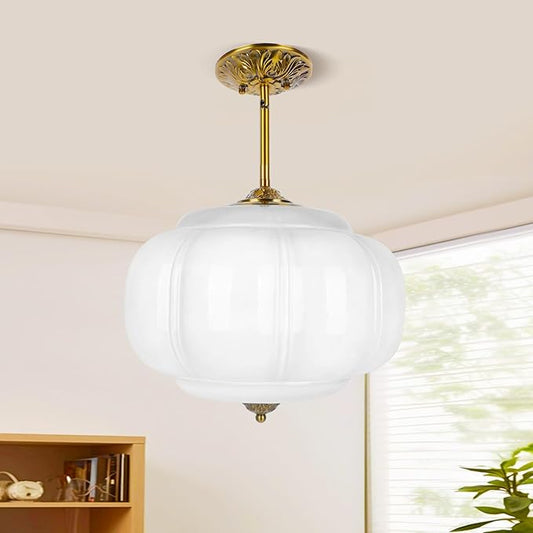15in White Milk Glass Ceiling Light, LED Bulb Included, Vintage Schoolhouse Semi Flush Mount Pendant Light Art Deco Chandelier for Kitchen Dining Room Hallway Bedroom, Antique Gold & White