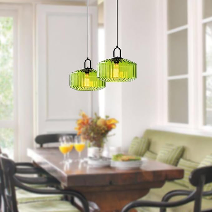 Plug in Pendant Light Green Glass Pendant Lamp Plug in Pendant Light Fixtures Mid Century Modern Hanging Lamp with Cord On/Off Switch Striped Glass Swag Light Dining Room Ceiling Lamp