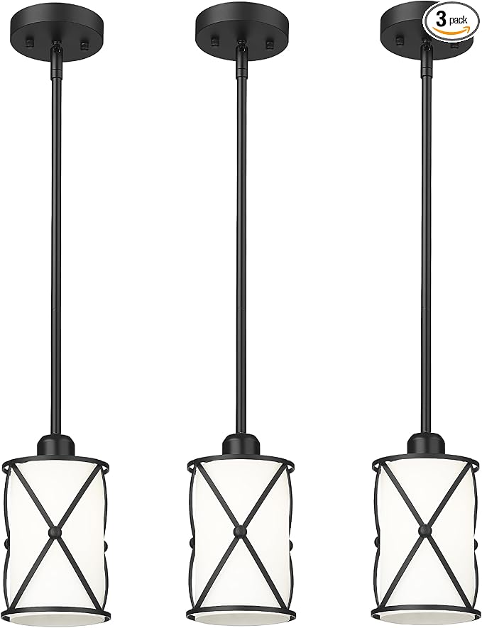 Pendant Lights Kitchen Island 3 Pack, Black Kitchen Pendant Lighting Over Island with Milk Glass and Rods, Modern Mini Hanging Light for Sink Dining Room, CH9176BKW-3PK