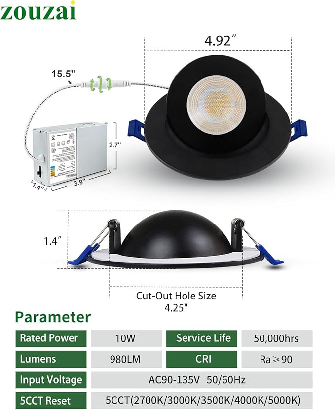 zouzai 4 inch 5CCT Gimbal Black LED Recessed Lights, 360°+90° Adjustable, Dimmable (2700K-5000K), Retrofit Eyeball Lights with Jbox, ETL Listed, Ideal for Home, Commercial & Display, 6 Pack