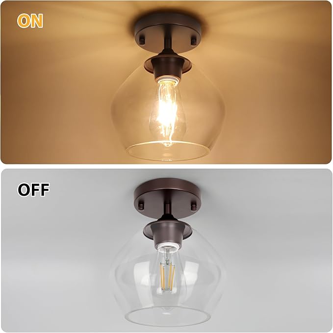 Modern Semi Flush Mount Ceiling Light with Clear Glass Shade, Industrial Close to Ceiling Light, Brown Hanging Ceiling Light Fixture for Hallway, Bedroom, Dining Room, Entryway, Foyer