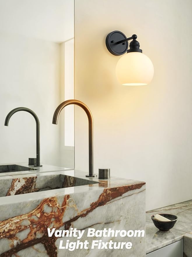 Wall Sconce Black Bathroom Light Fixtures with Milk Glass Modern Vanity Lights Vintage Sconces Wall Lighting for Living Room Bedroom Hallway Stairway E26 Hardwire