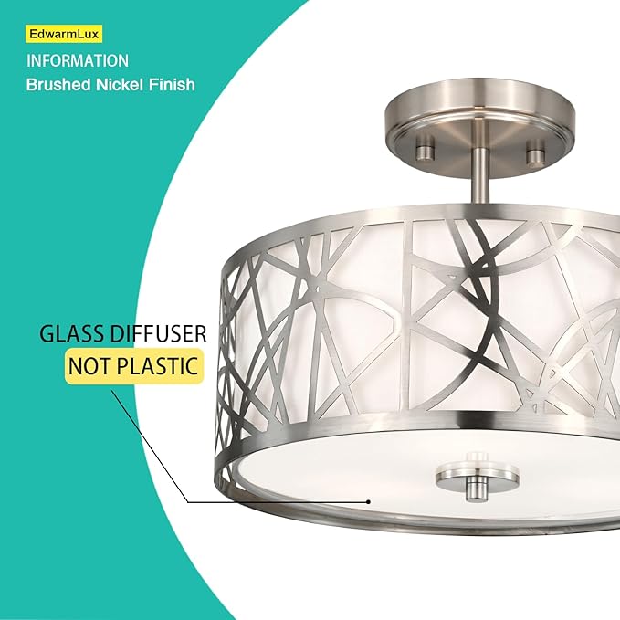 3-Light Semi Flush Mount Ceiling Light, 12.6" Drum Light with White Fabric Shade, Modern Close to Ceiling Lamp for Living Room Bedroom Dining Kitchen Hallway Entry Foyer (Brushed Nickel)