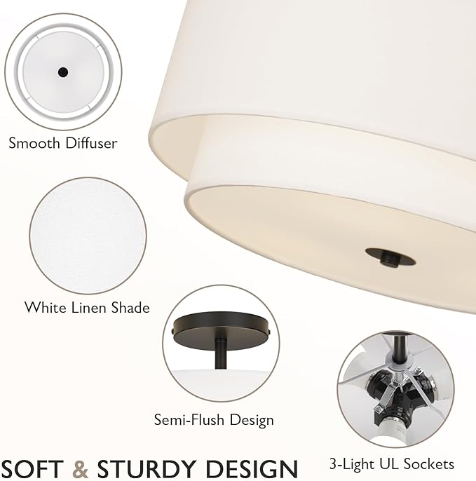 16" Dual Drum 3-Light Semi Flush Mount Ceiling Light, White Classic Fabric Linen Shade Design for Living Room, Bedroom, Kitchen, Dining Room, Hallway and Entryway
