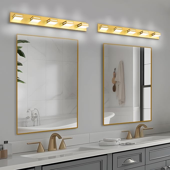 LED Modern Bathroom Light Fixtures, 5-Light 40-Inch Gold Vanity Lights for Bathroom Lighting Fixtures Over Mirror, 6000K Cool White 350° Rotatable Wall Lamp