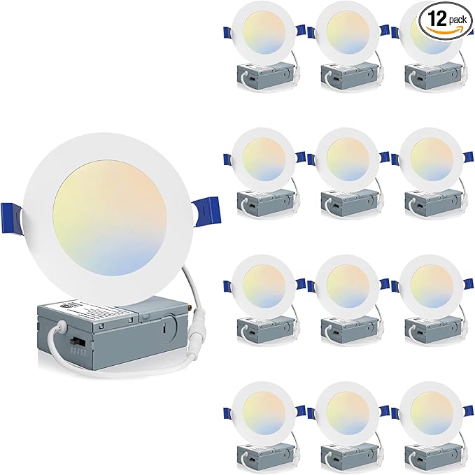 Meconard 12 Pack 4 Inch LED Recessed Ceiling Light with Junction Box, 2700K/3000K/3500K/4000K/5000K Selectable, 9W=75W 750LM, Dimmable Canless Downlights, ETL and Energy Star Listed