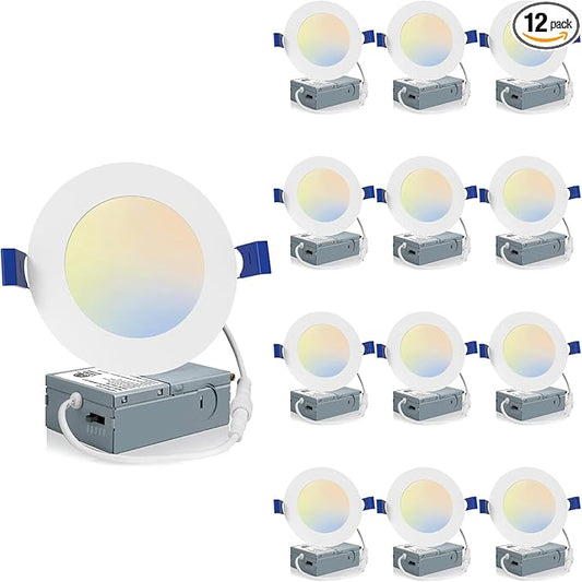 Meconard 12 Pack 4 Inch LED Recessed Ceiling Light with Junction Box, 2700K/3000K/3500K/4000K/5000K Selectable, 9W=75W 750LM, Dimmable Canless Downlights, ETL and Energy Star Listed