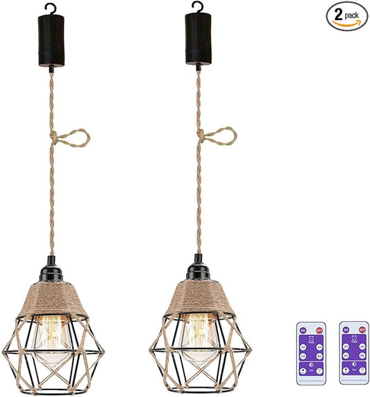 2X Battery Operated Pendant Lights Kitchen Island Chandelier for Outdoor Gazebo Hanging Lamp with Remote LED Bulbs Bohemian Decor for Plant Shelf Shelves Porch Bedroom Living Room Corner