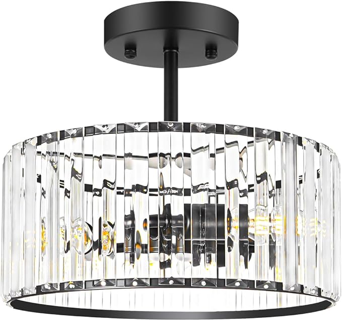 Modern Crystal Ceiling Light, Matte Black Semi Flush Mount Ceiling Lighting Fixture, Hallway Light Fixtures Chandelier for Kitchen, Bedroom Dining Room Hallway Closet, 3-Light, 12 Inch