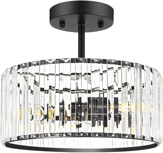 Modern Crystal Ceiling Light, Matte Black Semi Flush Mount Ceiling Lighting Fixture, Hallway Light Fixtures Chandelier for Kitchen, Bedroom Dining Room Hallway Closet, 3-Light, 12 Inch