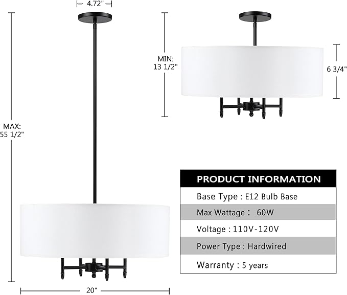 Untrammelife Drum Pendant Chandelier 4-Lights Black Ceiling Hanging Light Fixture with 20" White Shade, for Dining Room Living Room Bedroom Kitchen Island Stairway Hallway