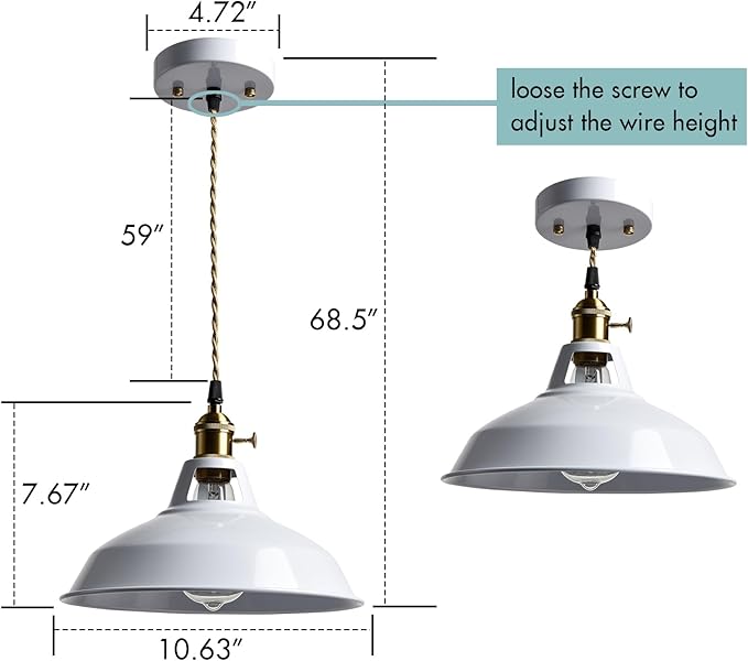 CLAXY Industrial Pendant Lights White Metal Barn Shade Hanging Ceiling Light Fixture with Switch E26 Kitchen Pendant Lighting for Loft, Bar, Foyer, Dining