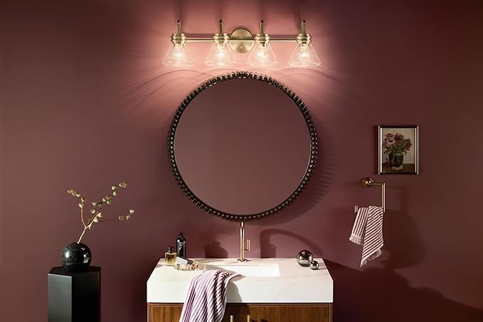 Kichler Farum 34" 4-Light Bathroom Vanity Light Fixture with Clear Glass in Champagne Bronze for Single or Double Vanity, Modern Lighting Fixture (34" x 9.5" x 9.5"), 55156CPZCLR