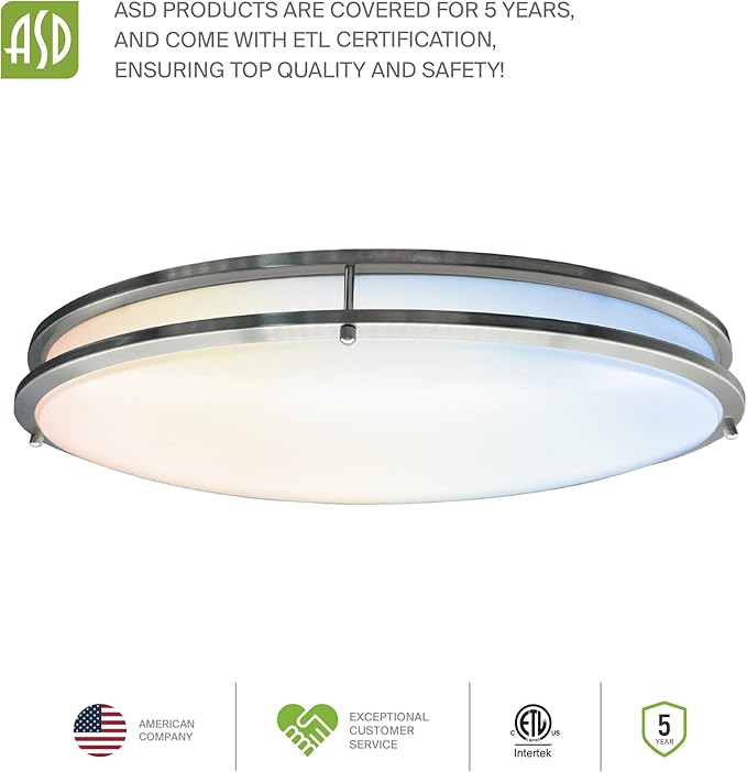 ASD LED 24" Oval Flush Mount Lighting, Close to Ceiling Light Fixture | 5CCT, Dimmable, ETL Listed | 38W 3289LM 2700-5000K 120V | Low Profile Double Ring Lamp | Nickel, 2 Pack