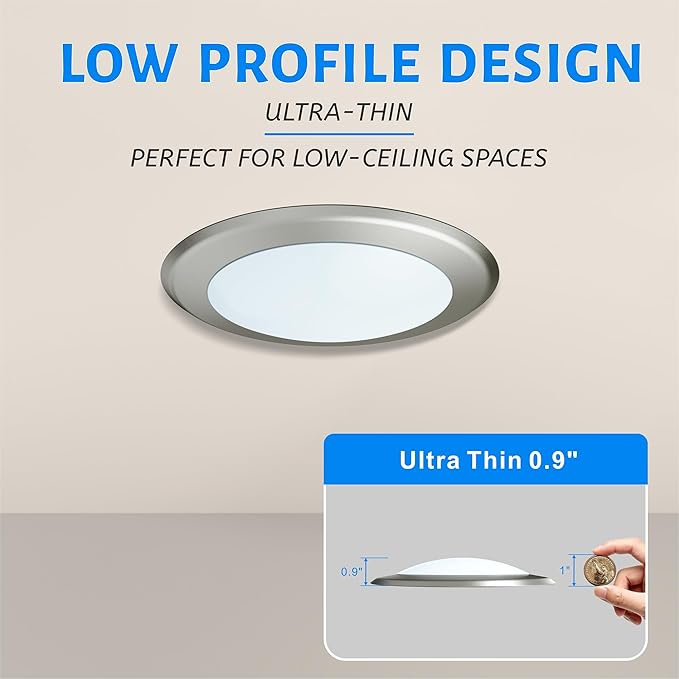 ECOELER 6 Inch LED Disk Light, Dimmable Low Profile Surface Mount Ceiling Light, 16.5W 1000Lm, 3000K Warm White, Driverless Design, Brushed Nickel Finish, ETL Listed, 10Pack