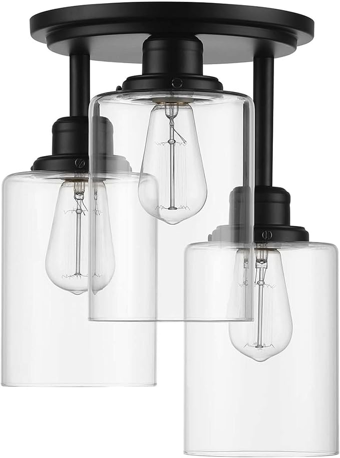 Globe Electric 65456 3-Light Flush Mount Ceiling Light, Industrial Tiered Matte Black Fixture, E26 Base, Dimmable