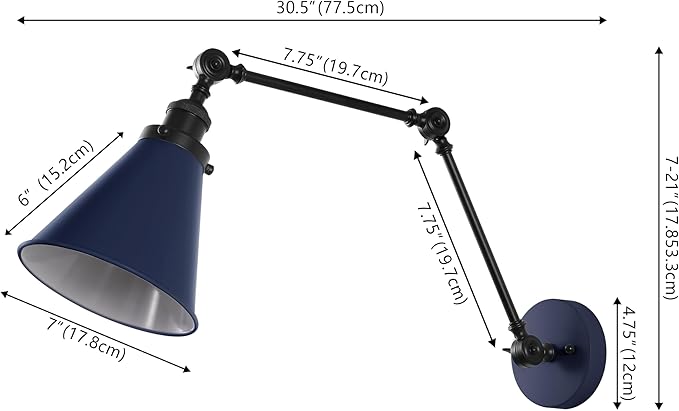 JONATHAN Y 7" Navy/Black Classic Industrial Metal Adjustable Arm LED Wall Sconce for Bedside Reading, Farmhouse Swing Arm Wall Lamp with Metal Shade, Hardwired (JYL7462G-SET2)