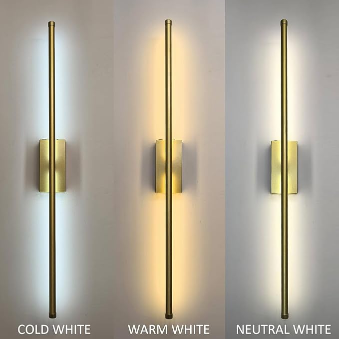 Set of 2 Battery Powered Linear Tube Rechargeable Gold Wall Sconce, Modern Decor Peel and Stick on Cordless Wall Sconces Picture Vanity Light for Living Dinning Room, Bathroom (2 Pack, 28.3'', Gold)
