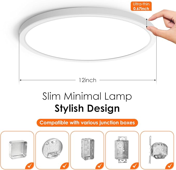 Brightever 12 Inch 12 Pack LED Flush Mount Ceiling Light Fixtures, 3200LM 28W, 5000K Daylight White, 0.67 Inch Ultra Thin Surface Mount LED Ceiling Lights for Bathroom, Living Room, Porch