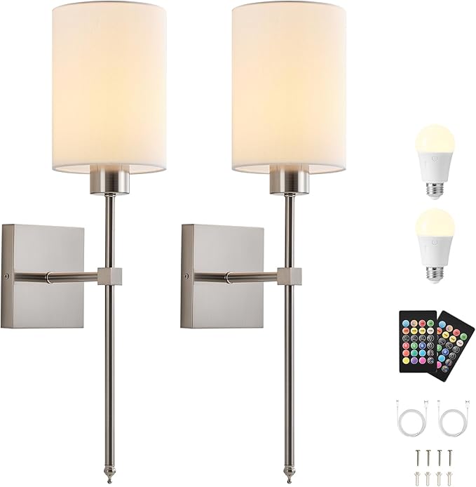 KARTOOSH Battery Operated Wall Sconce Set of Two, Wireless Rechargeable Wall Light with Remote Control, Dimmable, 4 Color Temperatures, RGB, Timer, for Living Room,Bedroom,Entryway, Nickel, 20.6 Inch