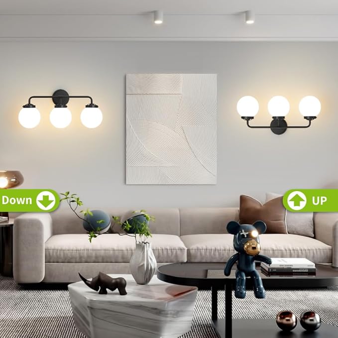Black Bathroom Light Fixtures Over Mirror, 3-Light Modern Vanity Lighting with Milk White Glass Globe Shade Wall Sconce