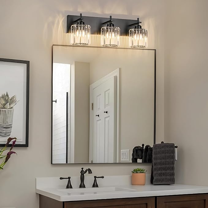Black Crystal Bathroom Vanity Lights, Modern 3-Lights Bathroom Lighting Fixtures Over Mirror, Crystal Wall Lighting with Round Shade