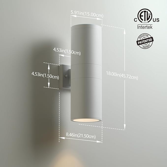mirrea 18" Modern Outdoor Porch Light Patio Light in 2 Lights with Aluminum Cylinder and Tempered Glass Cover Waterproof Wall Sconce 2 Pack (Matte White)