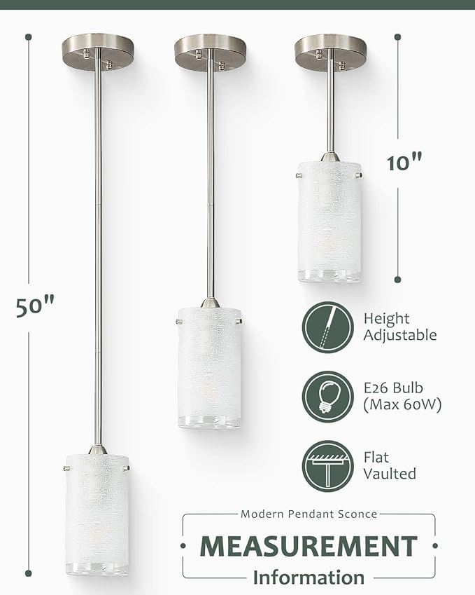 1-Light Mini Pendant Light Fixtures, Modern Chandelier Hanging Ceiling Light with White Frosted Shade, Brushed Nickel Pendant Lighting for Kitchen Bedroom Hallway, Adjustable Height, 2 Pack