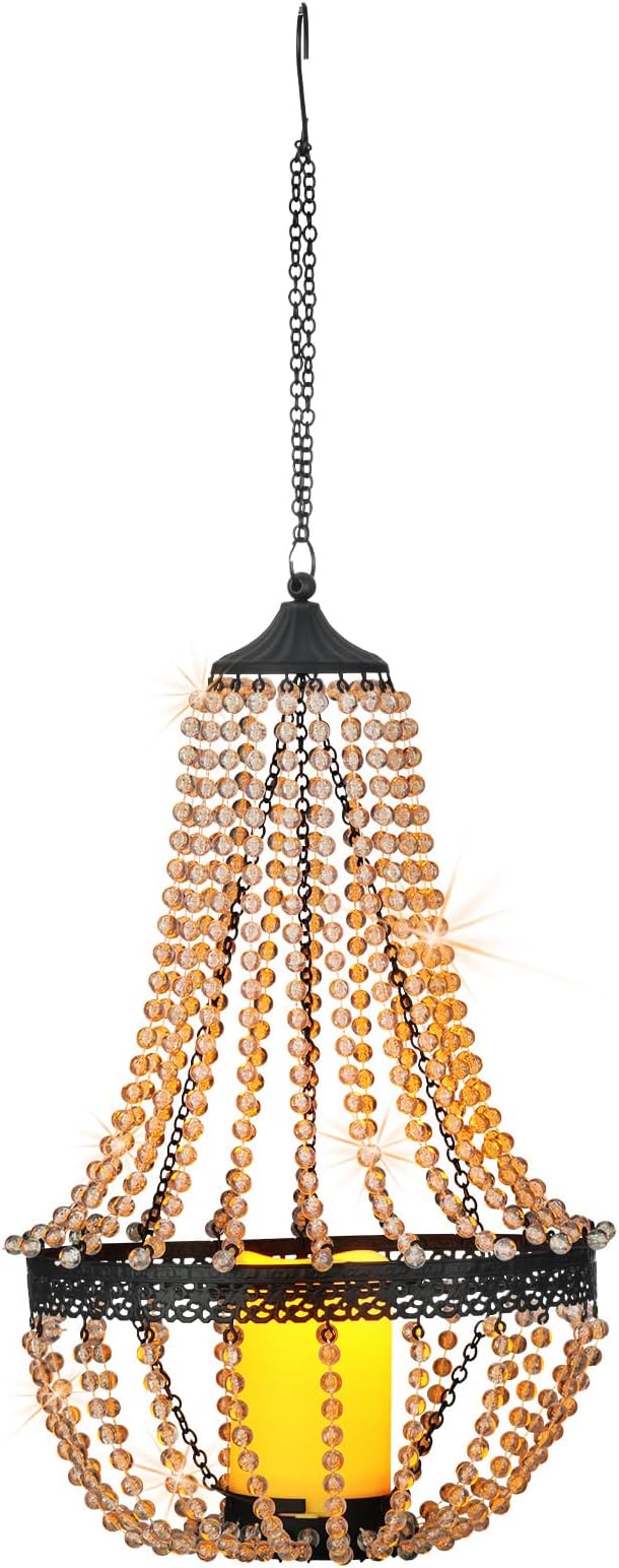 Hanging Candle Lantern Outdoor, 27” Battery Operated Modern Clear Acrylic Crystal Chandeliers with Flickering Yellow Led Candle Light S Hooks for Garden, Backyard, Gazebo, Room Indoor Indoor Decor