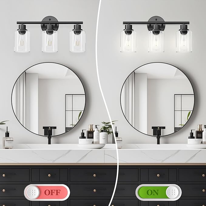 3-Light Black Vanity Lights, E26 Modern Bathroom Light Fixtures with Clear Glass Shade, Wall Lamps for Mirror Kitchen Hallway Cabinet Living Room Sconces Lights