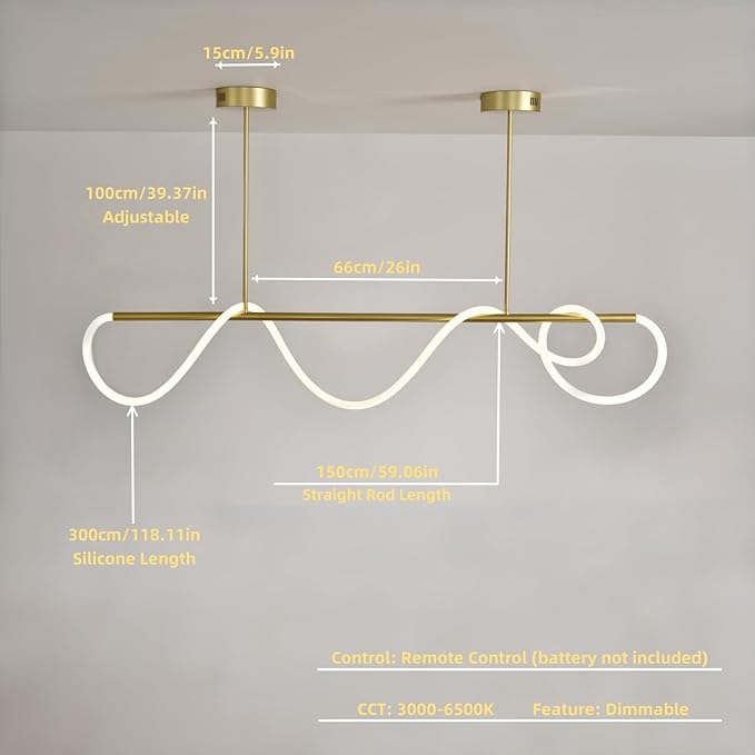 59" Pendant Lights Kitchen Island, 31W LED Dimmable Chandelier with Remote Control, Aluminum Linear Hanging Light Fixture for Dining Room Kitchen Island Bar (Gold, 59 in)