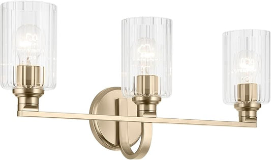 Kichler Gioe 24.25" 3-Light Bathroom Vanity Light Fixture with Clear Fluted Glass in Champagne Bronze, Damp Rated for Mirror, Powder Room (24.25" W x 10.5" H), 55226CPZFLU