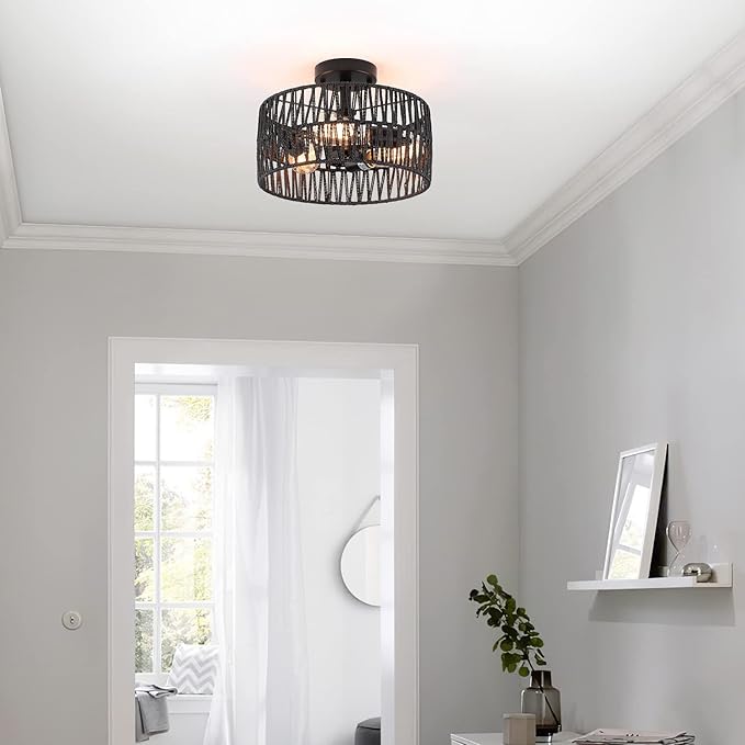 3-Light Coastal Black Woven Flush Mount Light Fixture Rustic Industrial Hemp Rope Flush Mount Ceiling Light for Hallway Bedroom Kitchen Entryway Farmhouse Living Room, Black