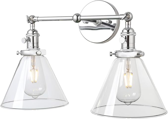 PERMO Double Sconce Chrome Industrial 2-Lights Wall Sconces with Funnel Flared Glass Clear Glass Shade Vanity Light for Bedroom (Chrome)
