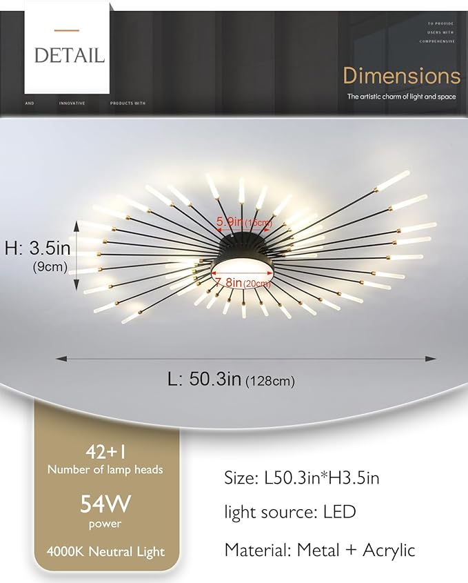51 Inch Modern LED Ceiling Light 42+1 Lights Ceiling lamp Flush Mount Chandelier Black Interior Lighting for Living Room Dining Room Bedroom 4000K Fireworks Decoration Close to Ceiling Light