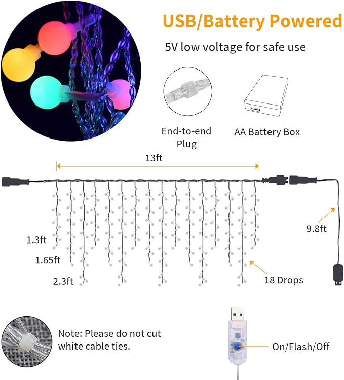 YOLIGHT Fairy Curtain Lights, USB/Battery Powered Ball Icicle Light 13ft 96 LED Globe String Hanging Lights for Bedroom Dorm Wedding Party Christmas Decoration (Multi-Colored)