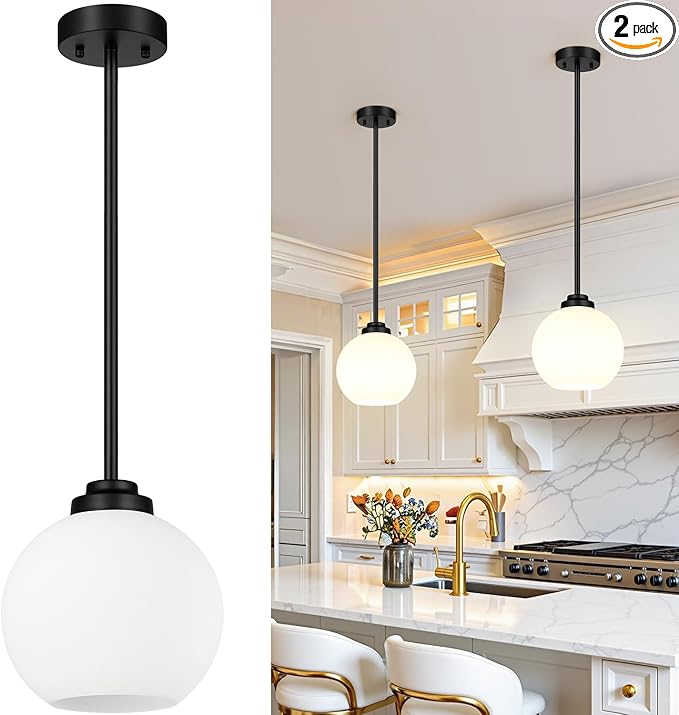 2 Pack 7.2-Inch Globe Pendant Lights, Mid Century Matte Black Pendant Light Fixtures, Globe Pendant Lights Kitchen Island with Milk Glass Shade Hanging Fixture for Dining Room Bulbs not Included