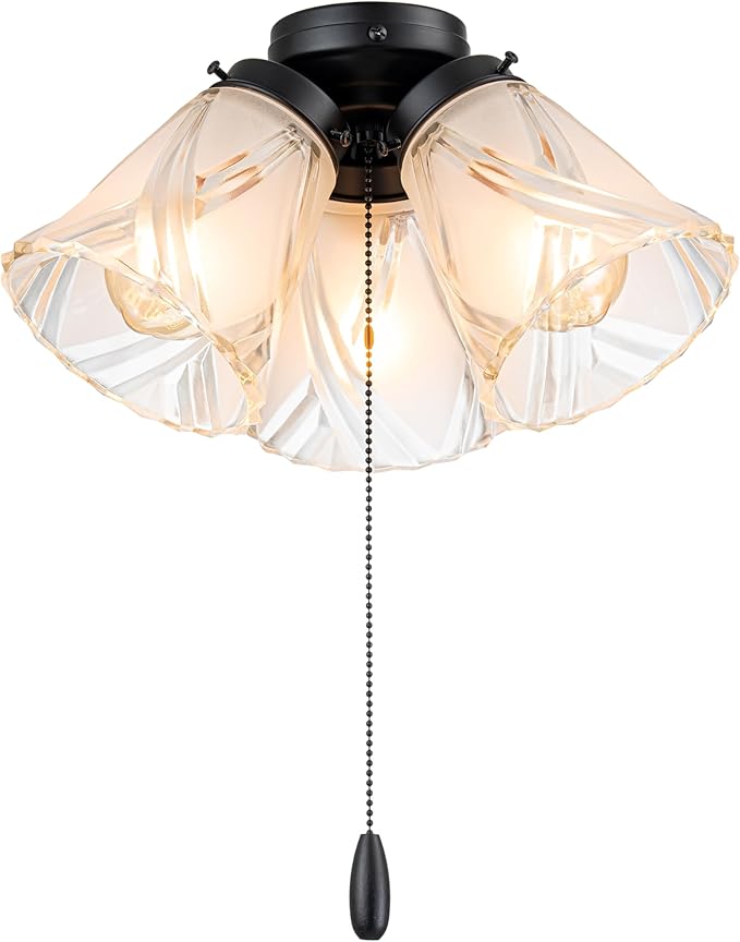 Aspen Creative 22012-3, Three-Light Ceiling Fan Light Kit with Pull Chain, Matte Black Finish with Frosted and Clear Glass Shades, 14" Diameter x 7-3/8" Height