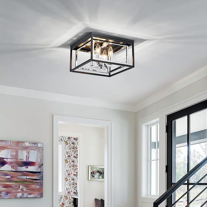 AGV LIGHTING CL035S Modern Flush Mount Ceiling Light Fixture, Square Ceiling Light, E12 Base 3-Lights, L12 x W12 x H7, Matte Black & Chrome Finish