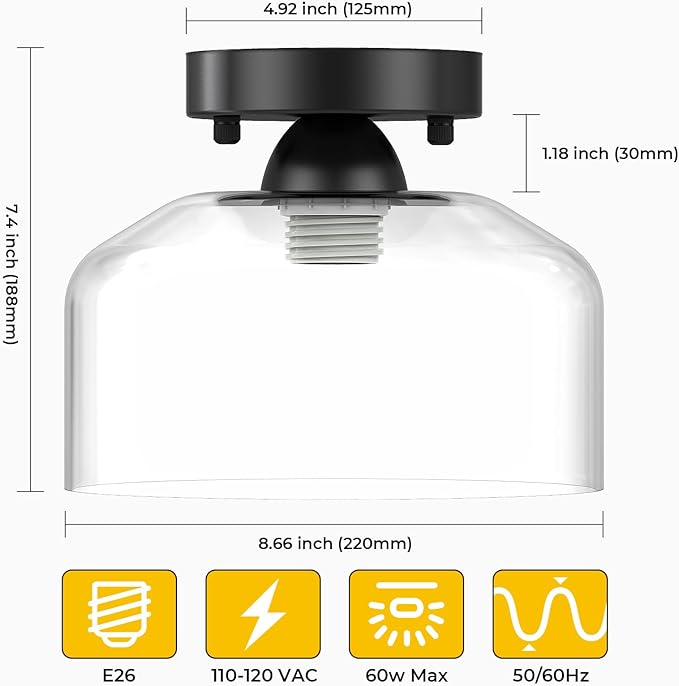 LACCEN Semi Flush Mount Ceiling Light - Clear Glass Pendant Lamp Shade, Matte Black Finish, Modern Farmhouse Light Fixture for Hallway Corridor Kitchen Entryway Bedroom, Bulb Not Included