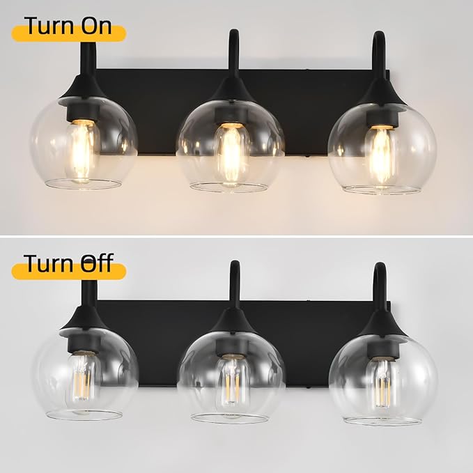 Bathroom Light Fixtures, 3-Light Matte Black Vanity Light Over Mirror, Modern Wall Sconces 21" with Clear Glass Globe Shade, Bathroom Wall Lights for Mirror Kitchen Bedroom Hallway